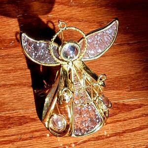 Stained Glass Style Angel Ornament, Gold-toned W/ Halo, Harp Music Instrument •°